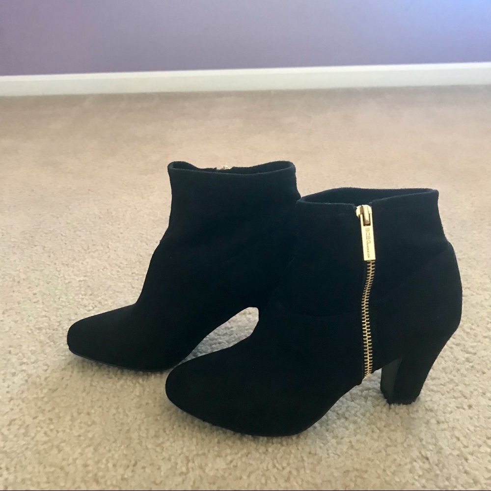 BCBG black suede ankle booties.